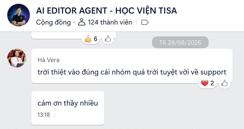 Cộng đồng AI Editor Agent có hơn 190 thành viên tương tác và hỗ trợ học viên