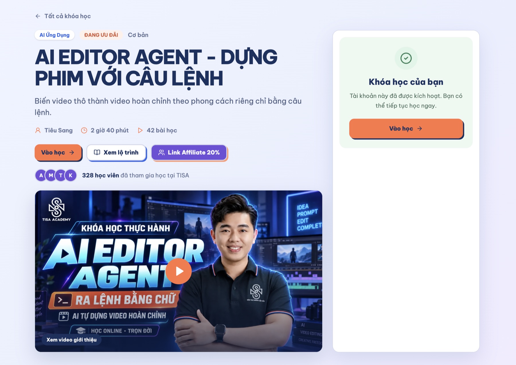 Trang khóa học AI Editor Agent đã được kích hoạt cho học viên