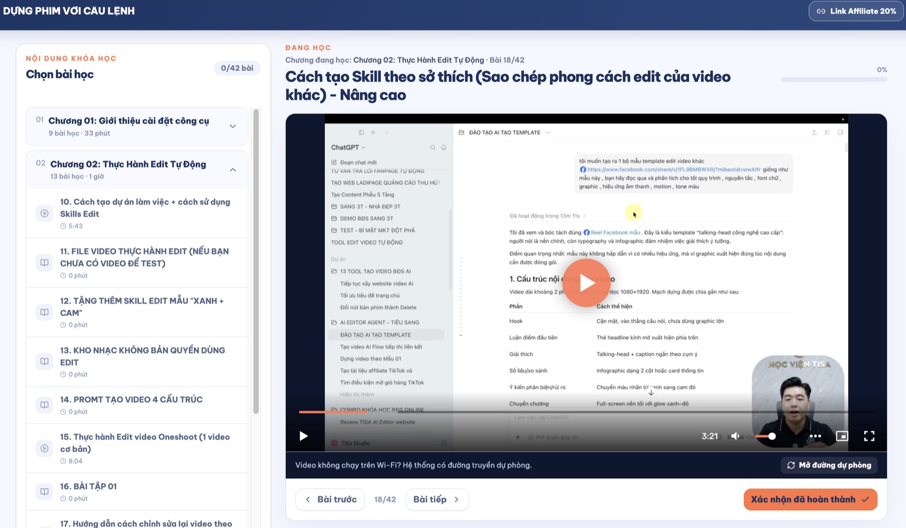 Giao diện xem bài học AI Editor Agent với video và danh sách bài