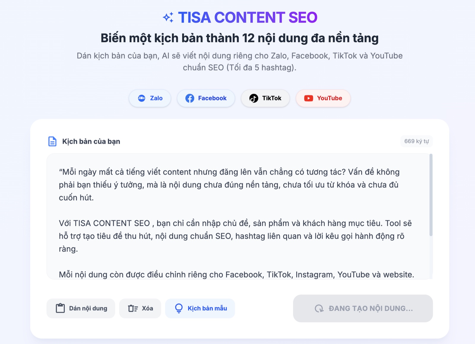 Hình ảnh thực tế của Tool TISA Content SEO – 4 Nền Tảng